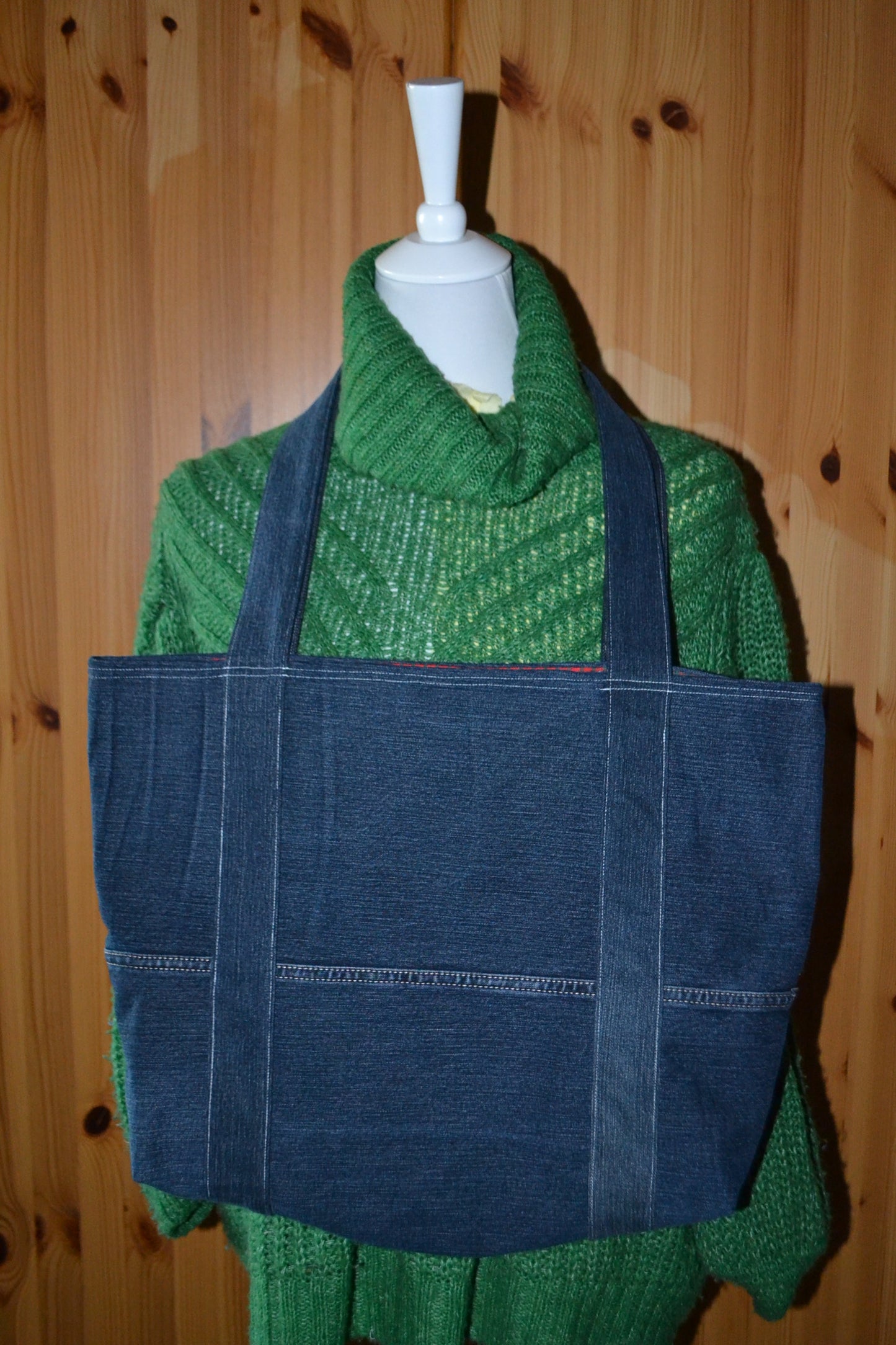 luxuriöse große Tragetasche in Jeans&rot-grün