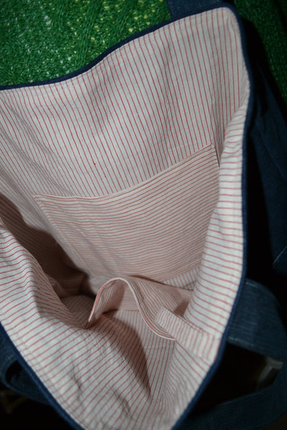 luxuriöse große Tragetasche in dunkle Jeans&weiß-rot